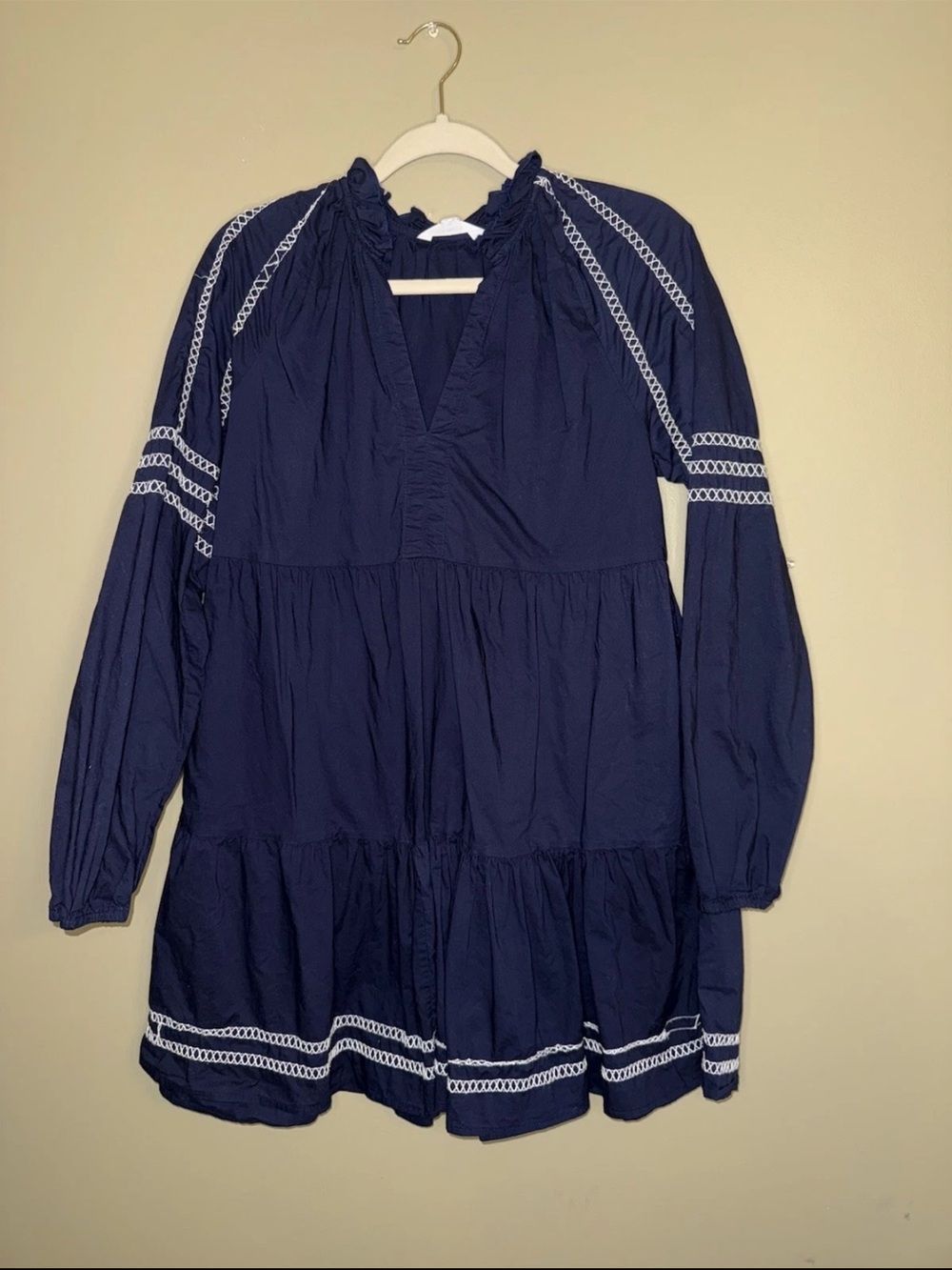 BB Dakota Navy Embroidered Fun With Tiers Cotton Mini Dress Small